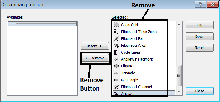 How to Remove a CFDs Trading Tool Button From The Lines Toolbar on MetaTrader 5 Software