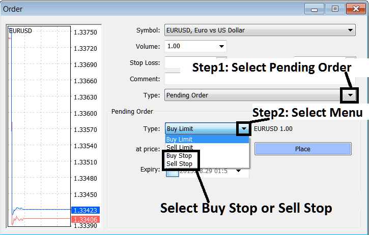 Buy Stop Gold Trading Order and Sell Stop Gold Trading Order - XAUUSD Trading Orders - How to Open XAUUSD Pending Orders