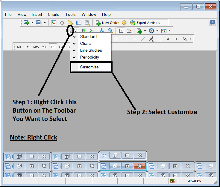 How to Customize and Add Tools on the Line Studies Toolbar in MT4 - MetaTrader 4 XAU USD Line Studies Toolbar Menu Tutorial Explained