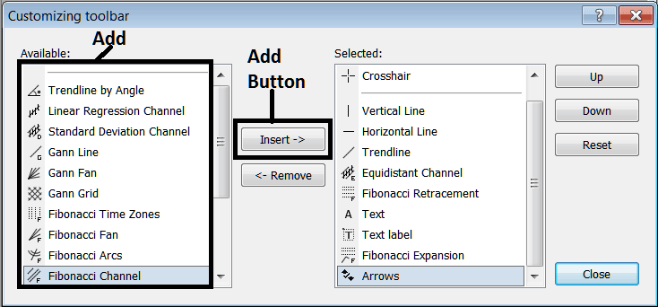 Add Line Tools to the Line Studies Toolbar on MT4 - MT4 XAU USD Line Studies Toolbar Menu Example