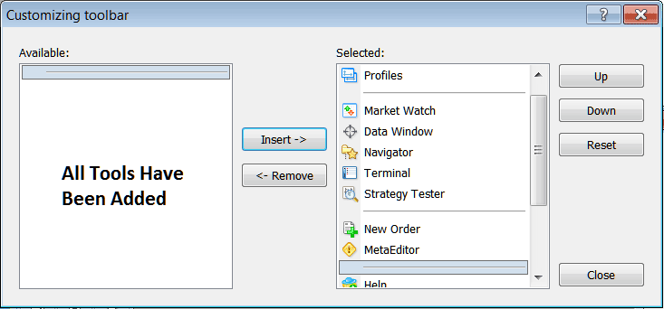 How to Customize and Add Tools on Standard MT4 Platform Toolbar - Standard Toolbar Menu and Customizing Standard Toolbar Menu on MetaTrader 4