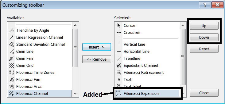 How Do I Add Fibonacci Expansion Levels Indicator on Line Studies Toolbar?