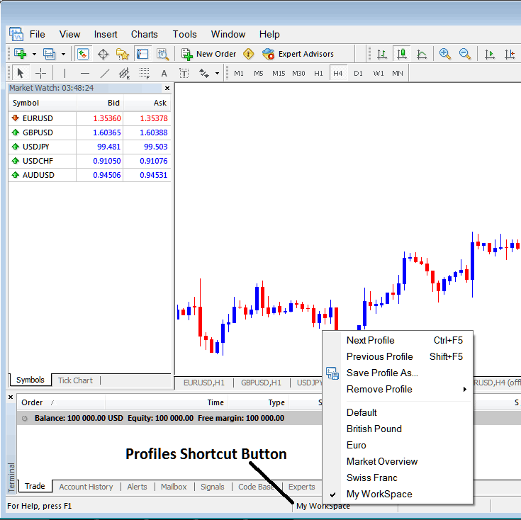 Profile Short Cut Button on MT4 - MetaTrader 4 Gold Trading Software Work Space