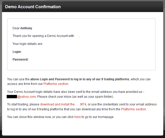 Demo Account Registration Confirmation From XAUUSD Trading Broker - MT4 Gold Demo Account