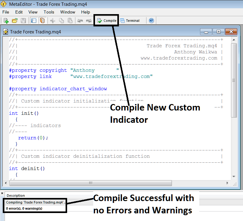 Compile a New Custom XAUUSD Indicator in MT4 MetaEditor - MT4 MetaEditor Tutorial for Adding Custom Indicators - MT4 XAUUSD Trading Platform MetaEditor Custom Indicators PDF