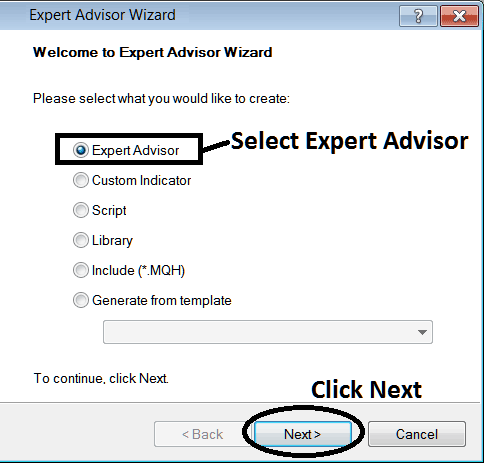 Window for Adding New Expert Advisor on MT4 - MT4 MetaEditor Tutorial for How Do You Add Expert Advisors? - How to Add EAs in MT4
