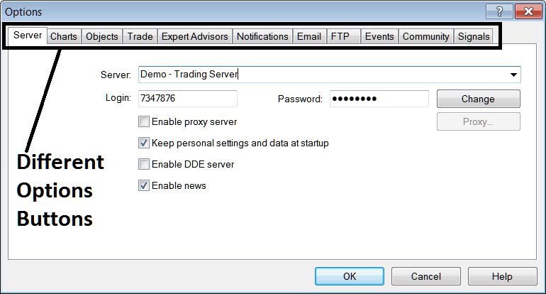 MT4 Platform Options Settings Window for Various MT4 Platform Trader Setting - MT4 XAUUSD Charts Options Settings on Tools Menu on MT4 - MetaTrader 4 Chart Options Setting on MetaTrader 4 Tools Menu