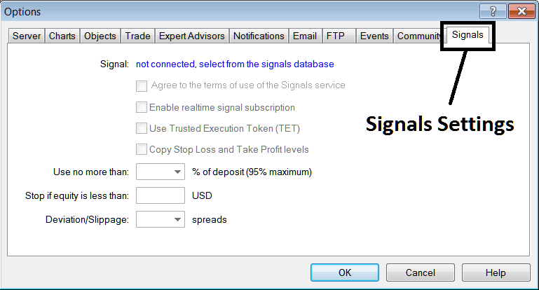 How to Setup MQL5 XAUUSD Trading Signals on MT4 - MetaTrader 4 XAU USD Trading Charts Options Setting on Tools Menu in MetaTrader 4