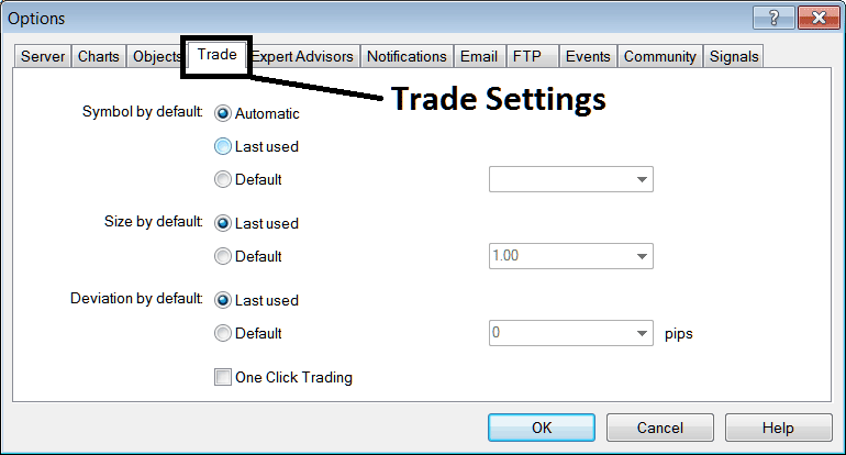 Trade Setting Option in MetaTrader 4 - MetaTrader 4 Gold Charts Options Setting on Tools Menu in MT4