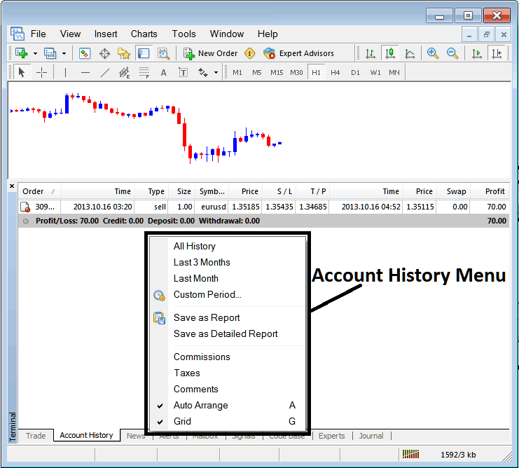 Account History Menu for Generating Detailed Trading Reports - MT4 XAU/USD Trading Transactions Tabs Panel