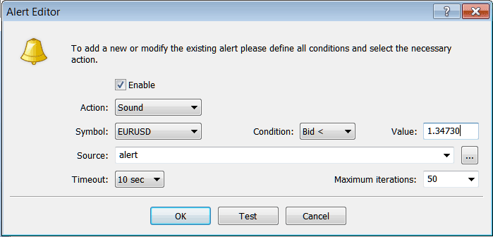 MT4 Platform Window for Setting Trading Alerts on MT4 Terminal Window