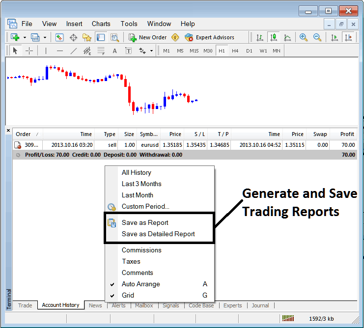 Generating Trading Reports and Detailed Trading Reports on MT4 - XAU Trading Software MT4 Terminal Window - XAU Trading MT4 Transactions Window