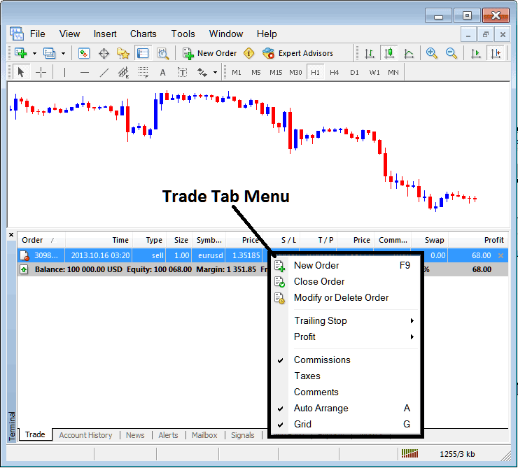 Trade Tab Menu on MT4 Terminal Window - XAUUSD Trading Platform MetaTrader 4 Terminal Window - MT4 Gold Trading Transactions Tabs Panel - Gold Trading MetaTrader 4 Transactions Window