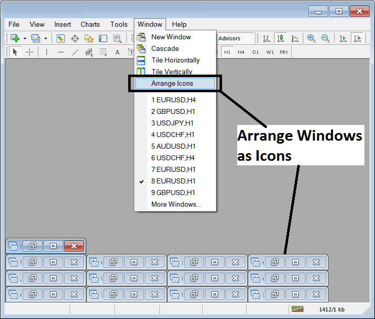 Arrange XAUUSD as Arrange Icons in MT4 - Window Menu for XAU/USD Charts - MetaTrader 4 Open XAU USD Charts List on MT4