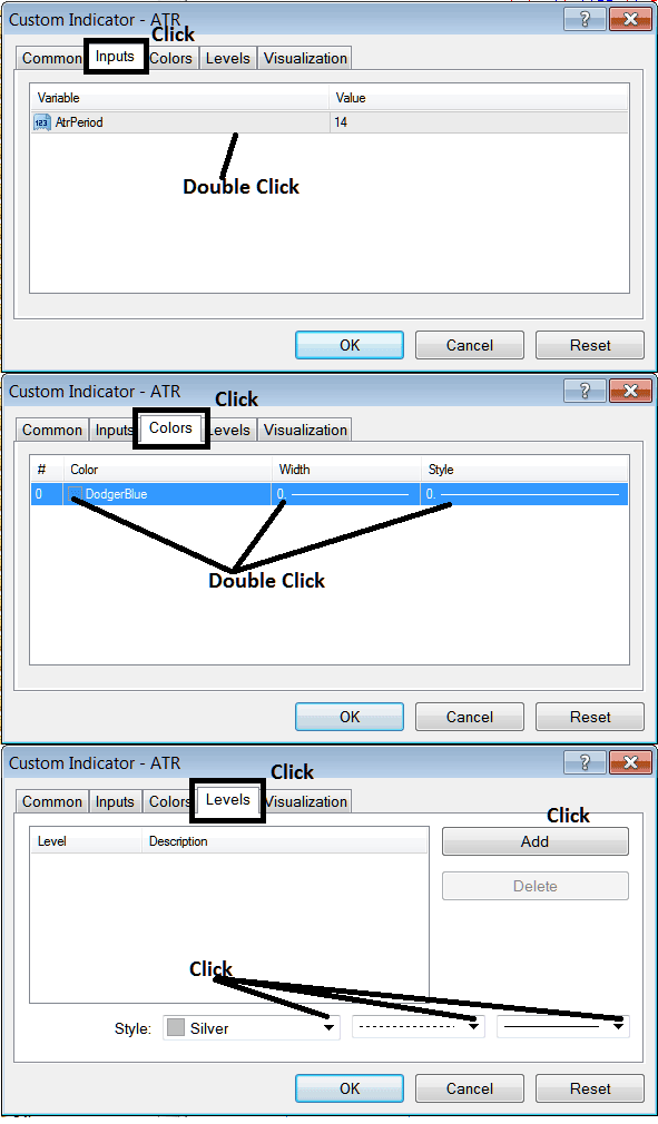 Edit Properties Window for Editing Average True Range XAUUSD Indicator Settings - Place Average True Range XAUUSD Indicator on Chart on MetaTrader 4