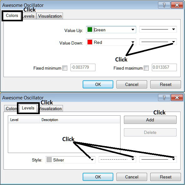 Edit Properties Window for Editing Awesome Oscillator XAUUSD Indicator Settings - How to Place Awesome Oscillator XAUUSD Indicator on Chart on MT4 - How to Add Oscillator Technical Indicator to MetaTrader 4