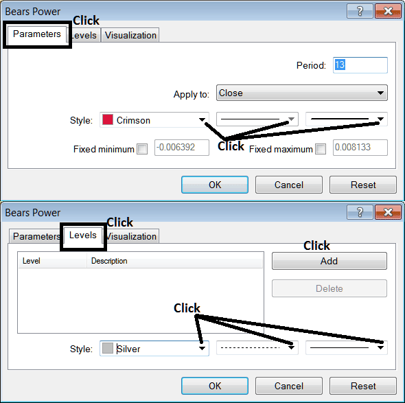 Edit Properties Window for Editing Bears Power XAUUSD Indicator Settings - How to Place Bears Power XAUUSD Indicator on Chart on MetaTrader 4