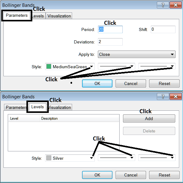 Edit Properties Window for Editing Bollinger Bands XAUUSD Indicator Settings - How Do I Place Bollinger Bands XAU USD Technical Indicator on XAU USD Chart on MetaTrader 4?