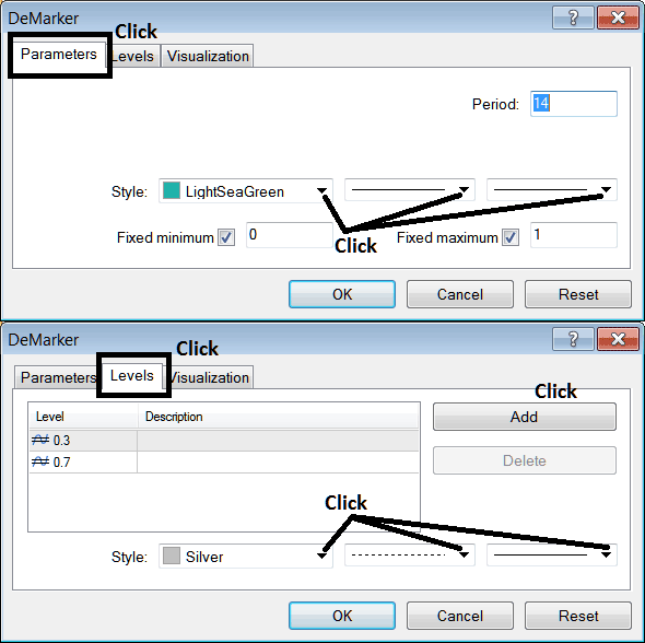 Edit Properties Window for Editing Demarker XAUUSD Indicator Setting