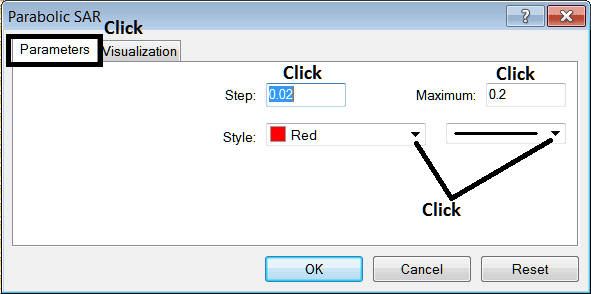 Edit Properties Window for Editing Parabolic SAR XAUUSD Indicator Setting - How to Place Parabolic SAR XAUUSD Indicator on Chart on MT4 - MetaTrader 4 Parabolic SAR XAU USD Technical Indicator for Day Trading XAU USD