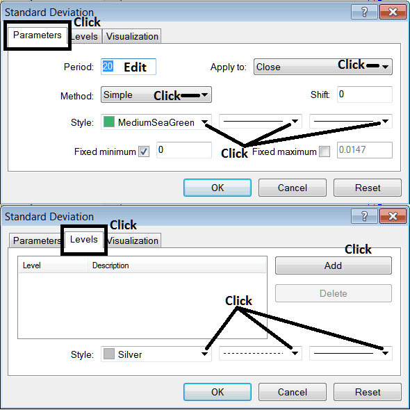 Edit Properties Window for Editing Standard Deviation Indicator Settings - Standard Deviation Strategies