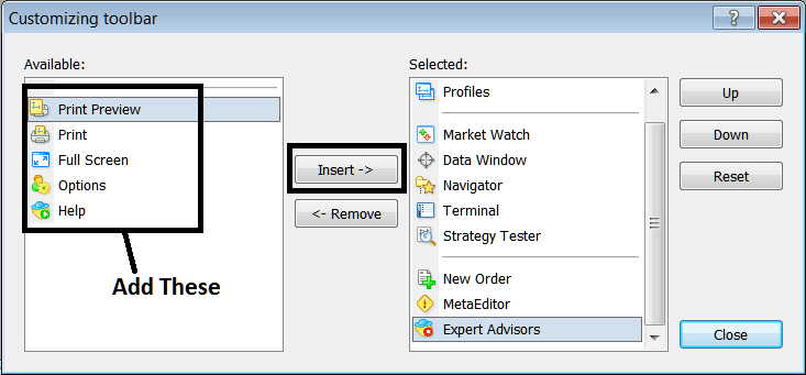 Customize and Add Buttons on Standard MetaTrader 4 Toolbar - MT4 Platform Software Setup