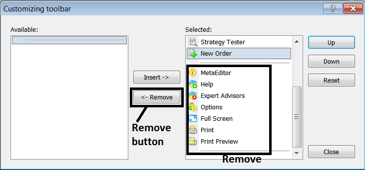 Remove Toolbar Buttons from the Standard Toolbar in the MT4 - MT4 Platform Software Setup