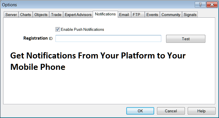 Notifications Settings for Mobile Phone on MT4 Platform Software - Index Charts Options Setting on Tools Menu in MT4