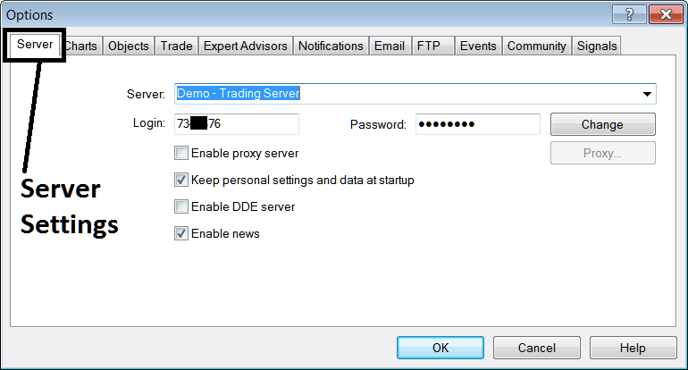 Server Setting Option in MT4 Platform Software - Index Charts Options Settings on Tools Menu on the MT4 Software - Learn MetaTrader 4 Charts
