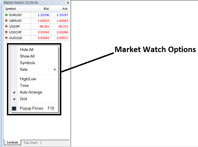 Indices Symbols/Quotes on MetaTrader 4 Market Watch Window