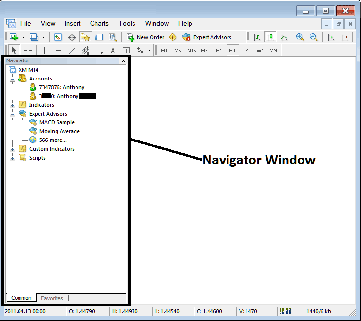 Accounts, Indicators and Expert Advisors on MetaTrader 4 Navigator Window - Indices MetaTrader 4 Navigator Window
