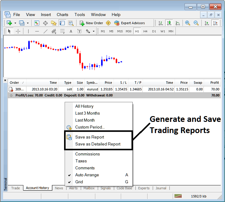 Generating Reports & Detailed Trading Reports in MT4 - Stock MT4 Terminal Window