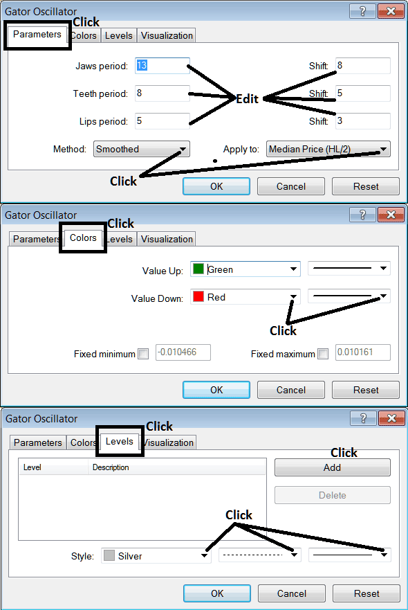 Edit Properties Panel Window for Editing Gator Oscillator Settings - How to Place Gator Indicator in MetaTrader 4 Chart