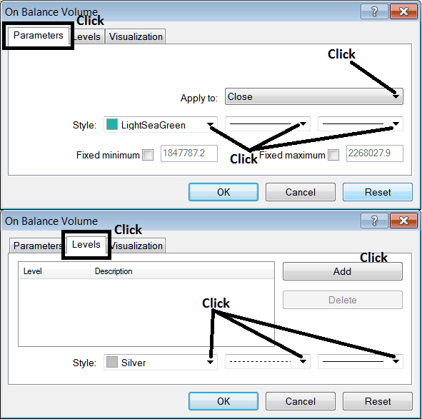 Edit Properties Panel Window for Editing OBV Technical Indicator Setting