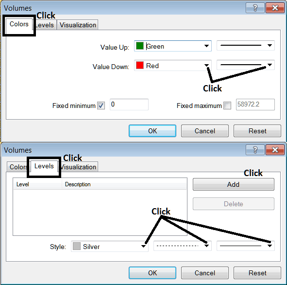 Edit Properties Panel Window for Editing Volumes Indicator Settings - Volumes Stock Indicator Described