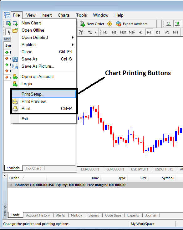 Print Setup and Printing Stocks Charts in MetaTrader 4 Platform - MT4 Stocks Trading Software Platform Tutorial Guide