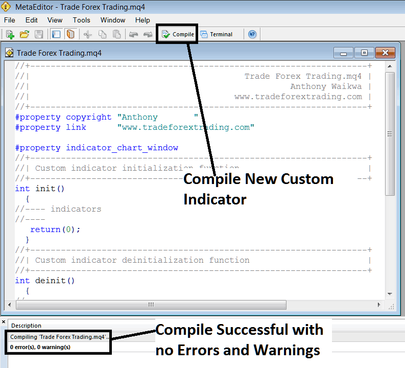 Compile a New Custom Stock Indicator in MT4 Software Platform MetaEditor Window