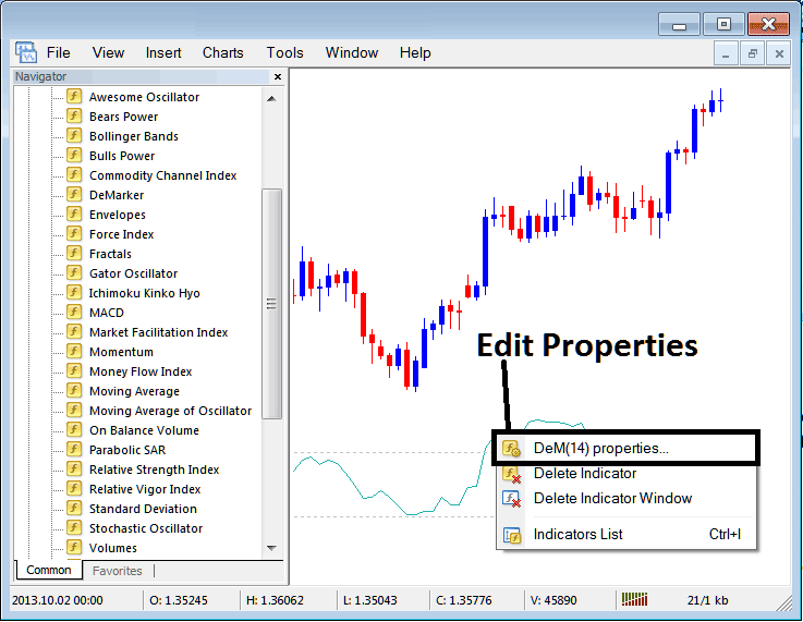 How to Edit Demarker Stock Technical Indicator Properties in MT4 Software